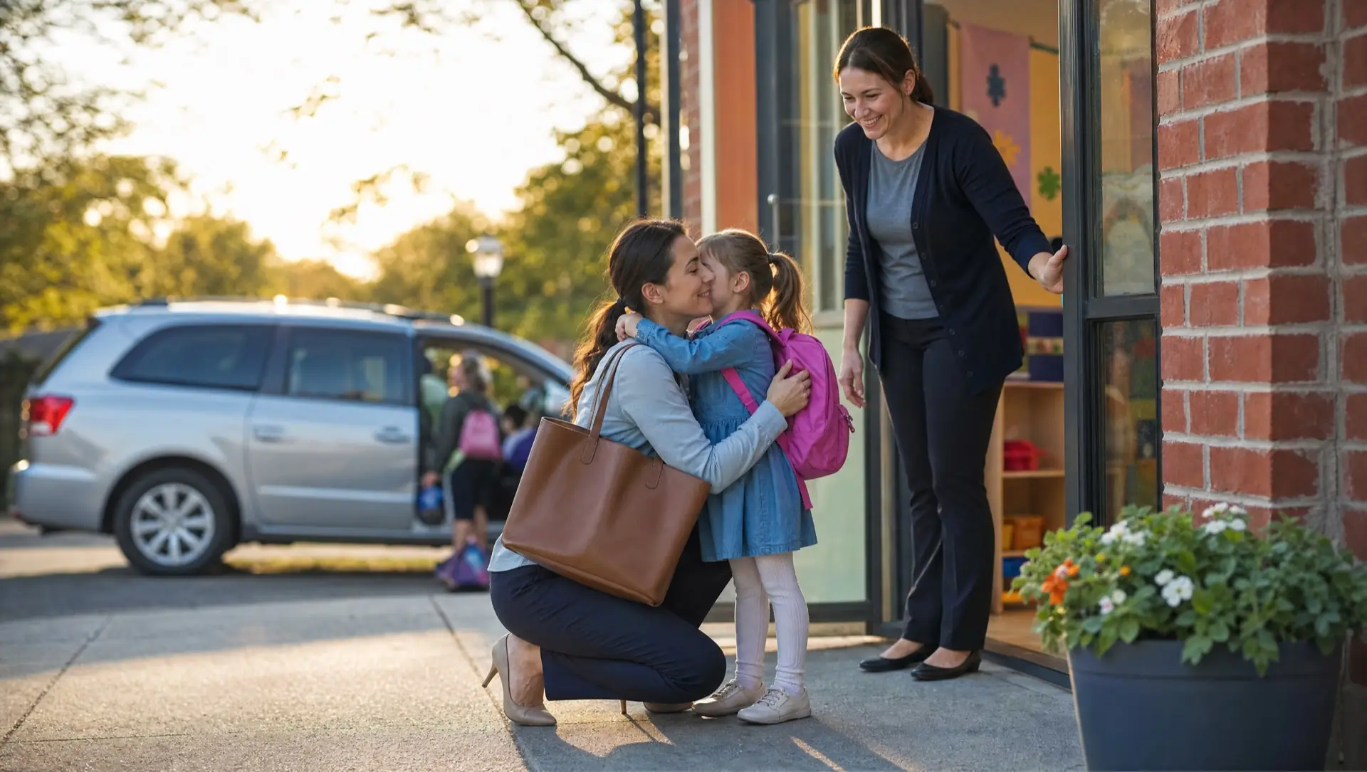 Morning drop-off hug at the academy entrance