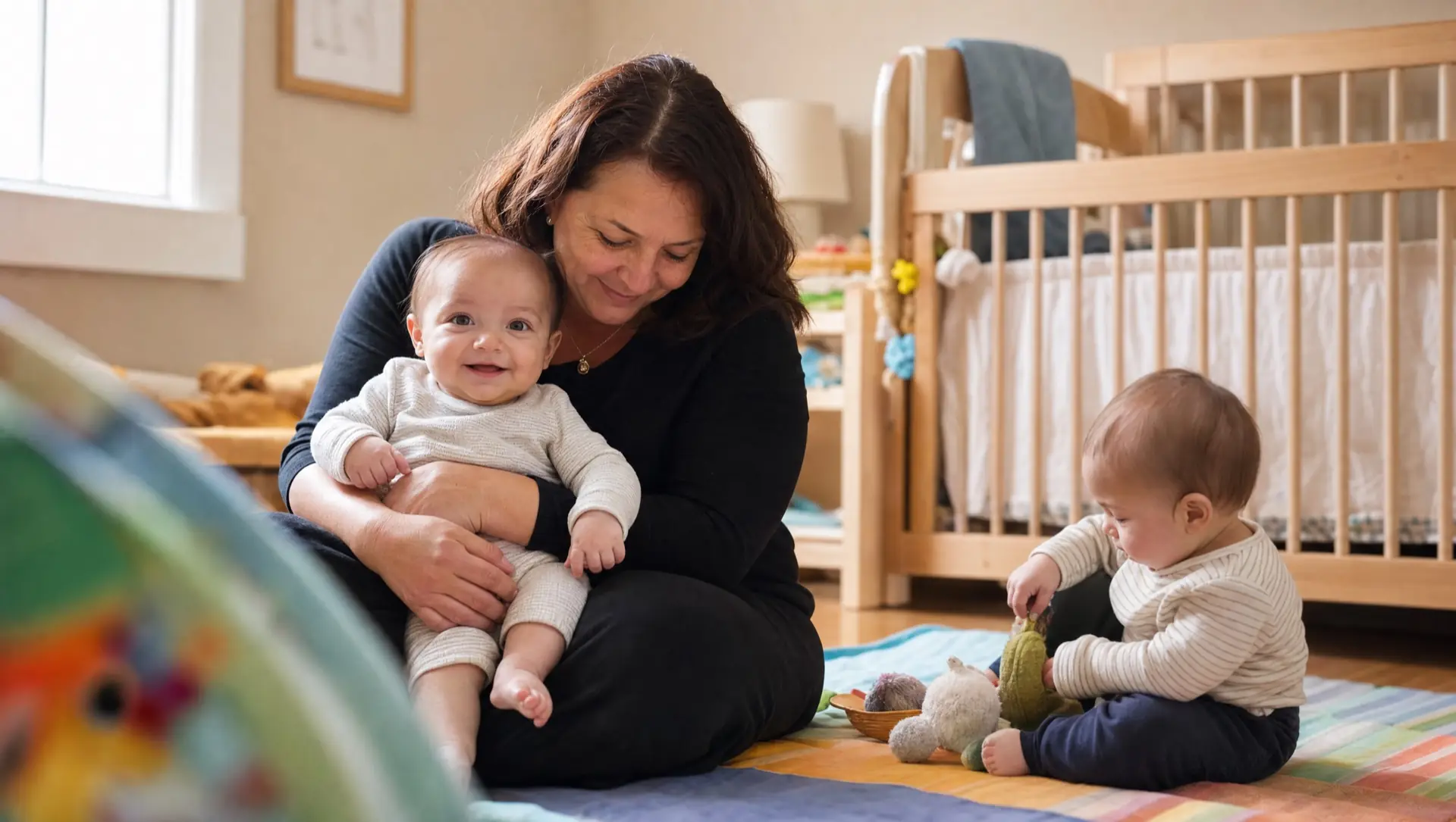 A caregiver cradling a baby in the infant room