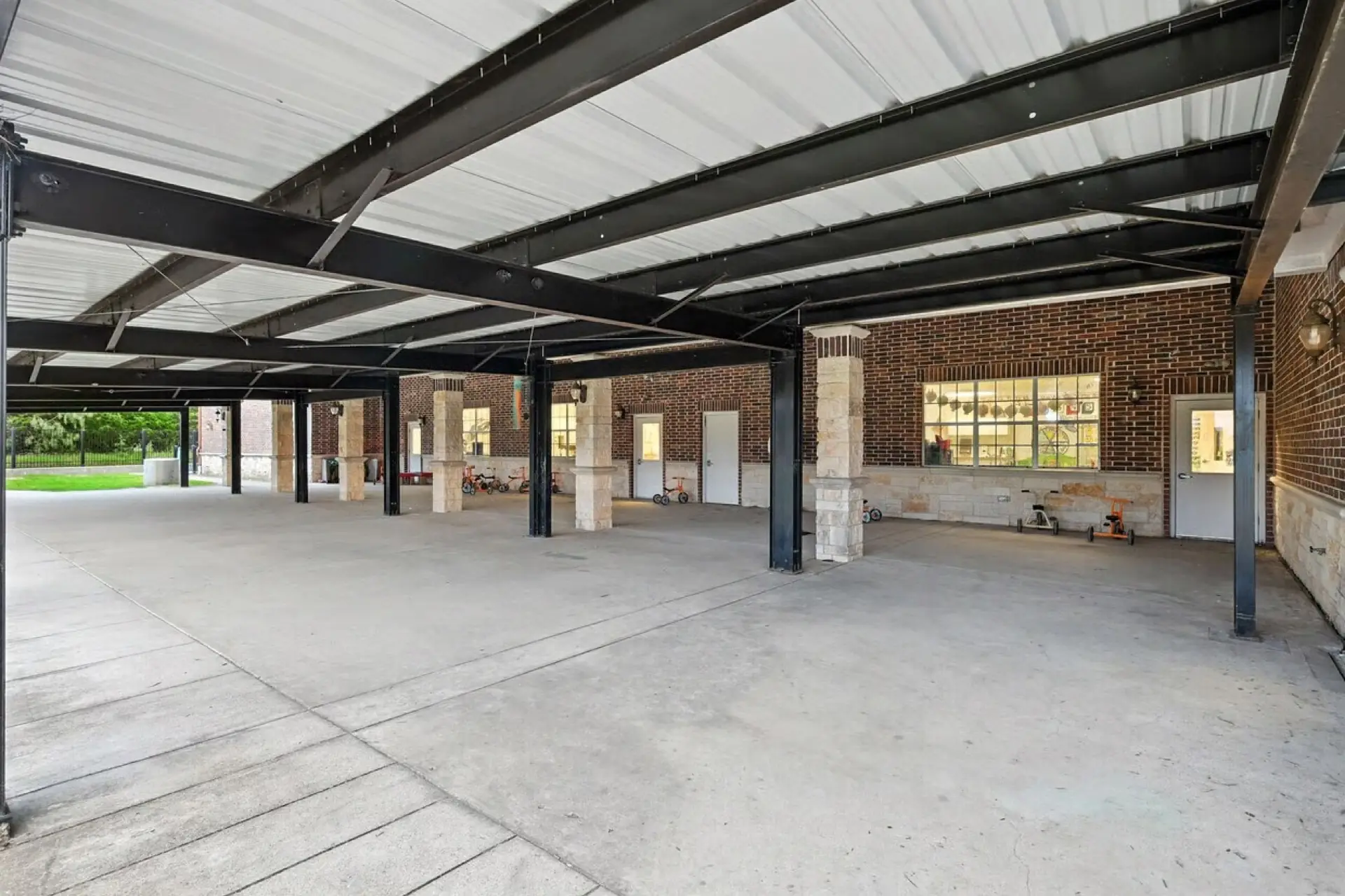 Shaded patio outside the classrooms